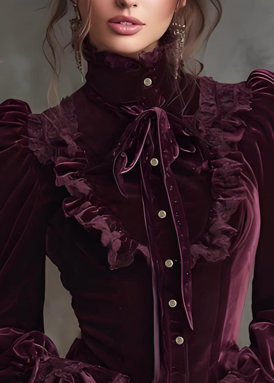 Stylish Mulberry Hign Neck Lace Patchwork Velour Tops Fall