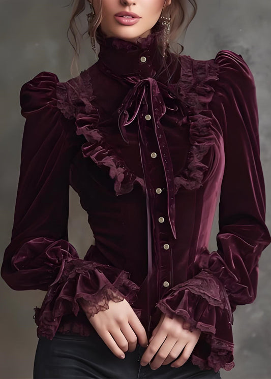 Stylish Mulberry Hign Neck Lace Patchwork Velour Tops Spring