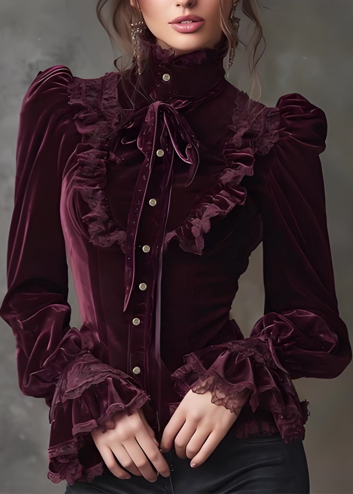 Stylish Mulberry Hign Neck Lace Patchwork Velour Tops Spring