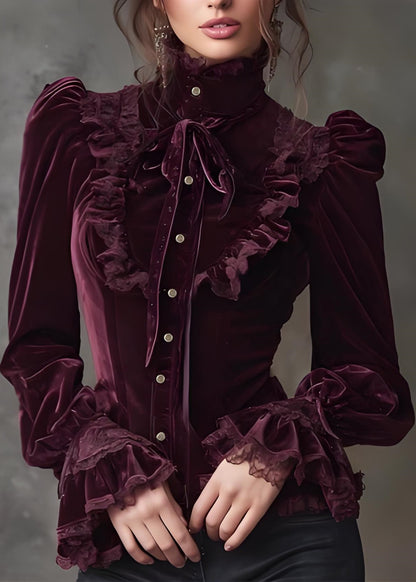 Stylish Mulberry Hign Neck Lace Patchwork Velour Tops Spring