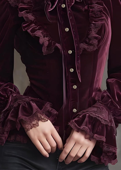 Stylish Mulberry Hign Neck Lace Patchwork Velour Tops Spring