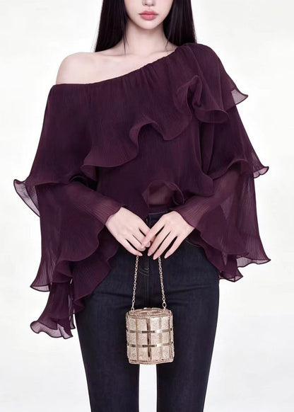 Stylish Mulberry One Shoulder Ruffled Layered Tops Fall