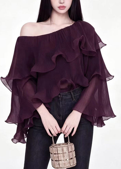 Stylish Mulberry One Shoulder Ruffled Layered Tops Fall