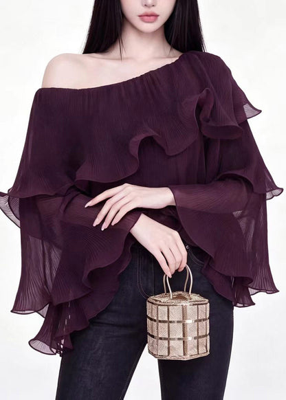 Stylish Mulberry One Shoulder Ruffled Layered Tops Fall
