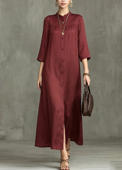 Stylish Mulberry Stand Collar Wrinkled Maxi Shirts Dress Summer