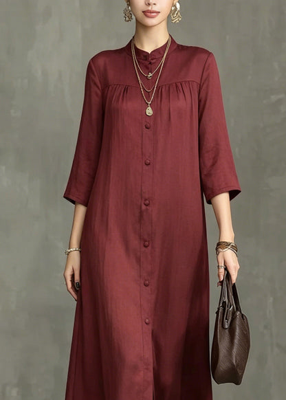 Stylish Mulberry Stand Collar Wrinkled Maxi Shirts Dress Summer