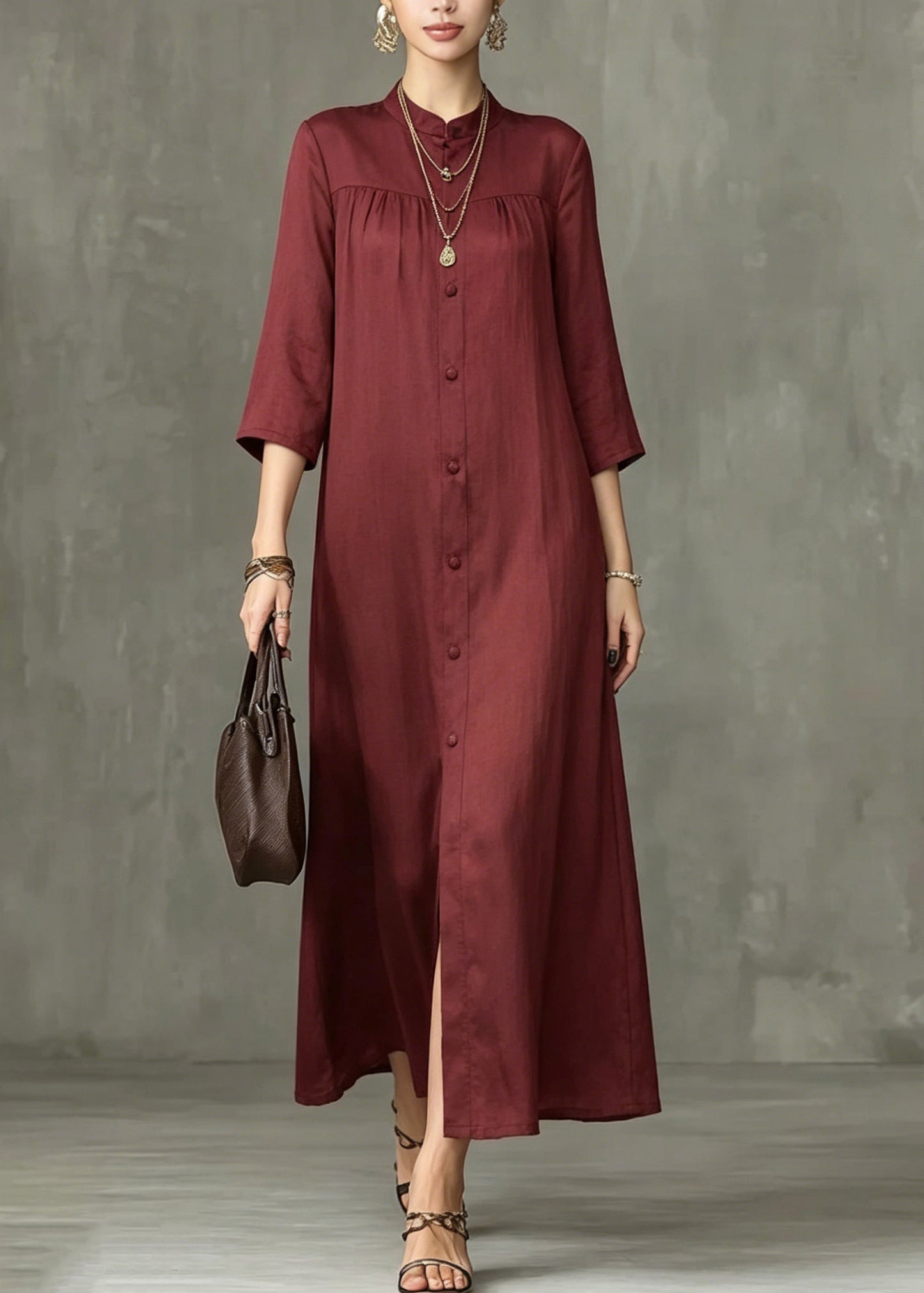 Stylish Mulberry Stand Collar Wrinkled Maxi Shirts Dress Summer