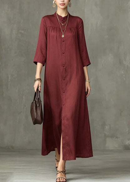 Stylish Mulberry Stand Collar Wrinkled Maxi Shirts Dress Summer