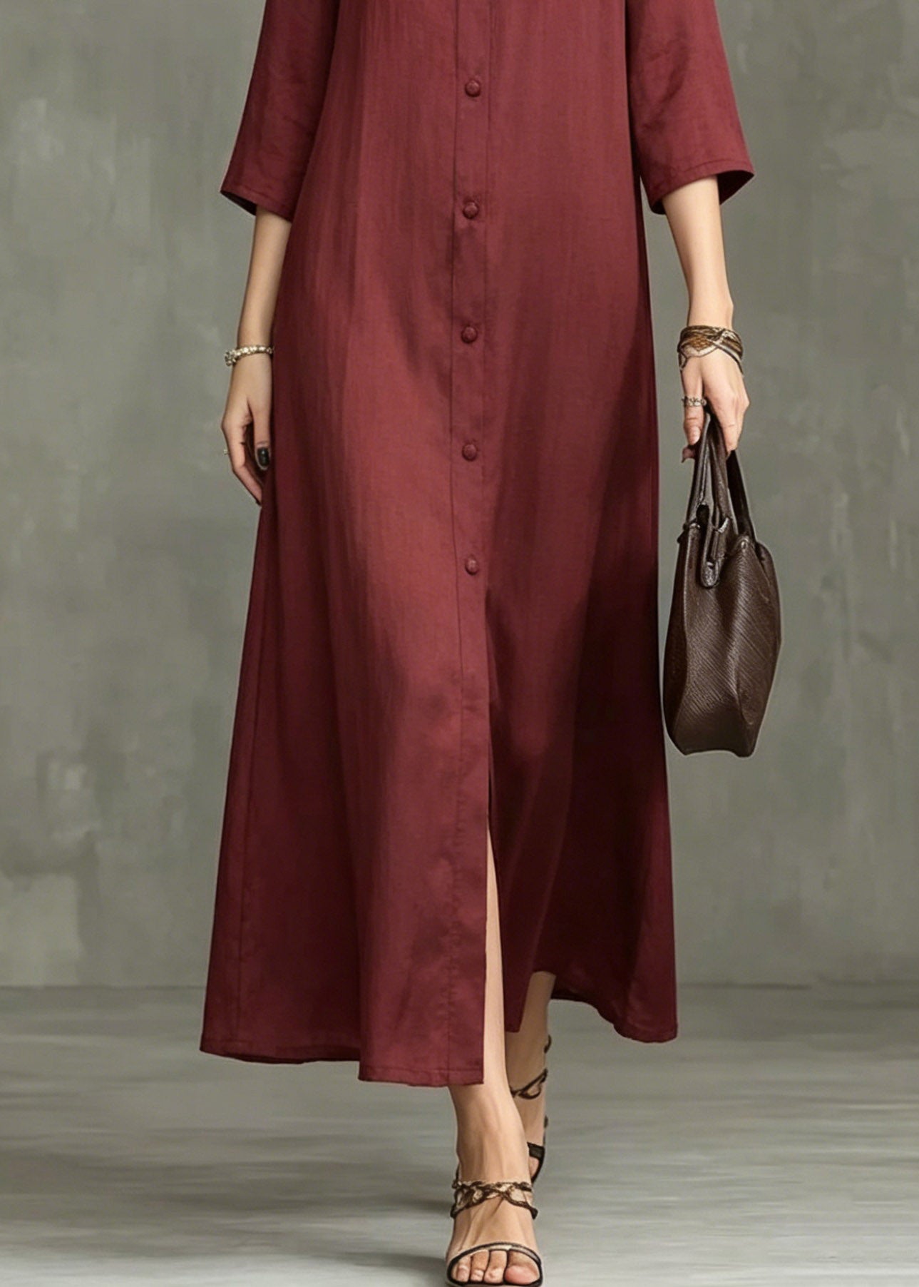 Stylish Mulberry Stand Collar Wrinkled Maxi Shirts Dress Summer