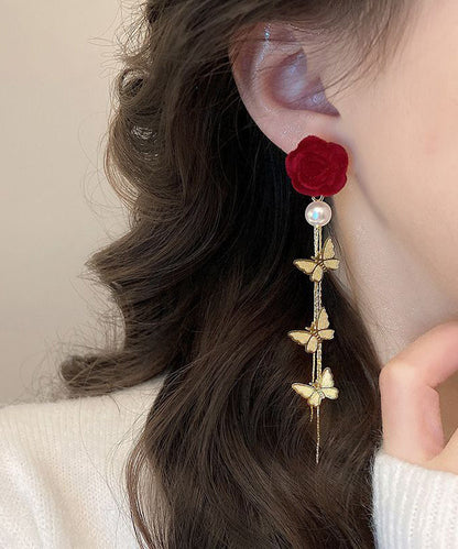 Stylish Mulberry Sterling Silver Alloy Flocking Pearl Floral Butterfly Drop Earrings