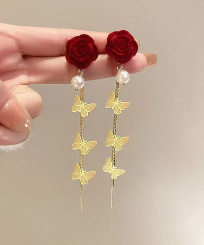 Stylish Mulberry Sterling Silver Alloy Flocking Pearl Floral Butterfly Drop Earrings