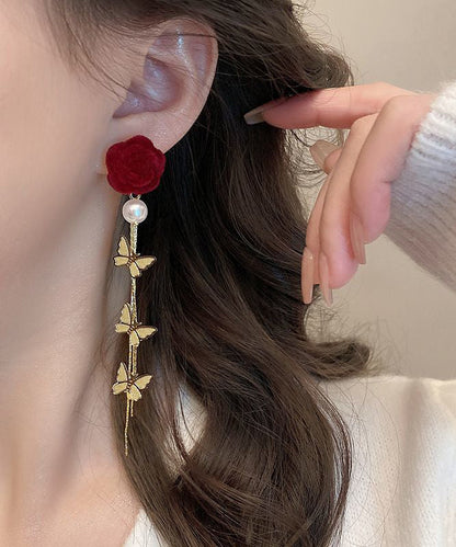 Stylish Mulberry Sterling Silver Alloy Flocking Pearl Floral Butterfly Drop Earrings