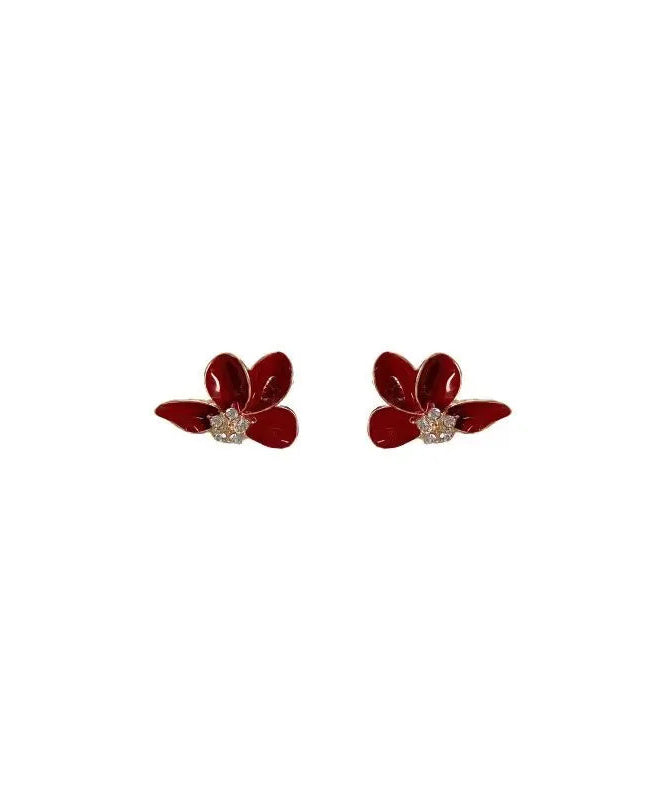 Stylish Mulberry Sterling Silver Overgild Asymmetrical Zircon Floral Stud Earrings