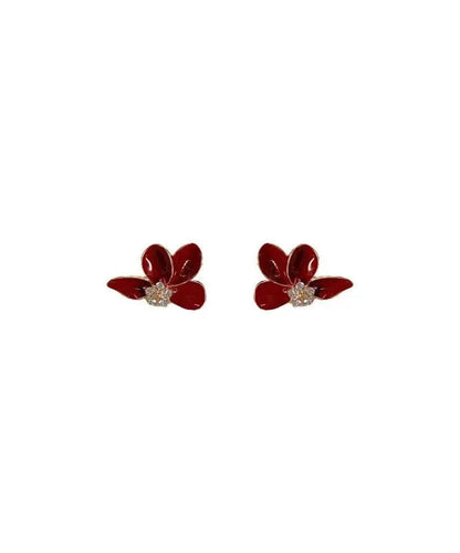 Stylish Mulberry Sterling Silver Overgild Asymmetrical Zircon Floral Stud Earrings