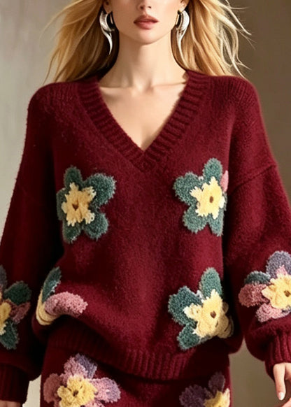 Stylish Mulberry V Neck Floral Knit Sweater And Skirts Two Pieces Set Fall