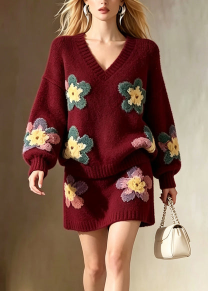 Stylish Mulberry V Neck Floral Knit Sweater And Skirts Two Pieces Set Fall