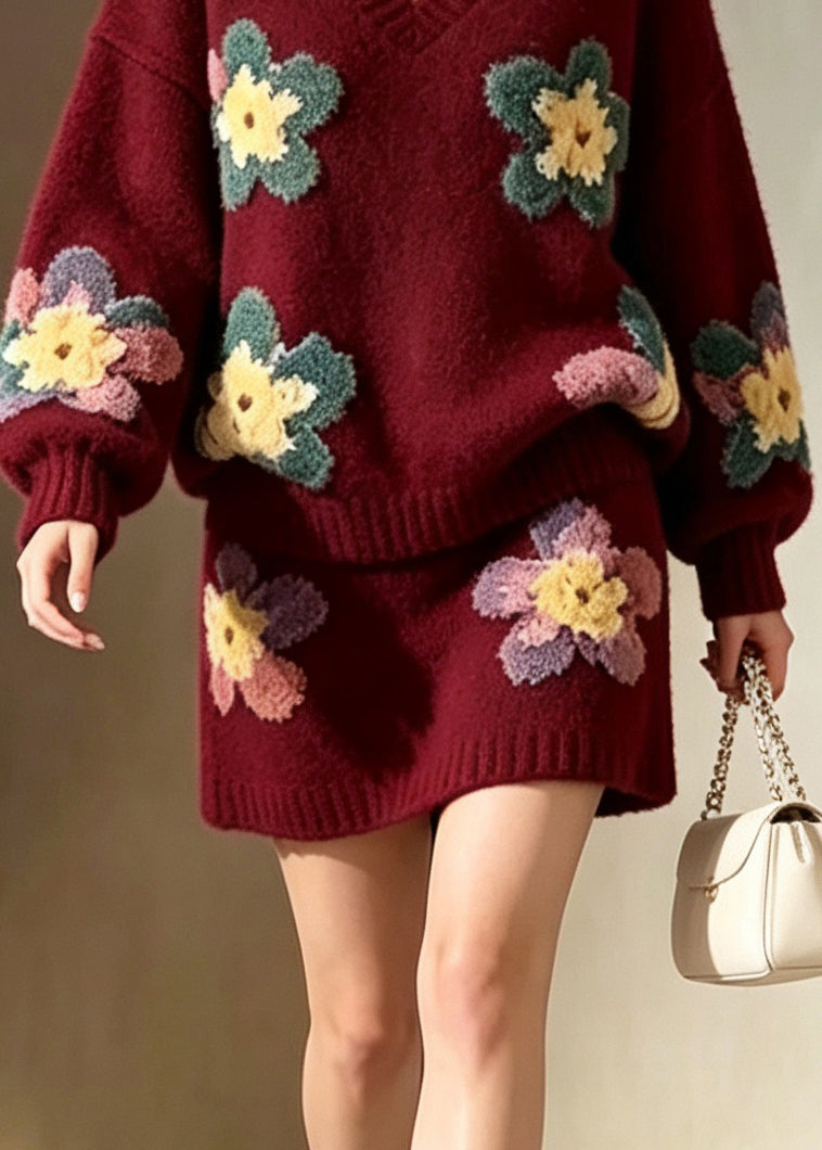 Stylish Mulberry V Neck Floral Knit Sweater And Skirts Two Pieces Set Fall