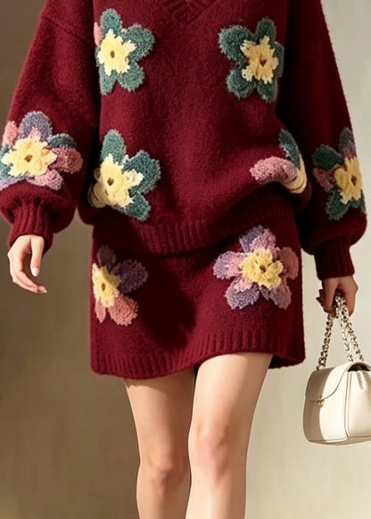 Stylish Mulberry V Neck Floral Knit Sweater And Skirts Two Pieces Set Fall