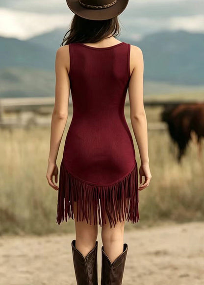 Stylish Mulberry V Neck Tassel Mini Dress Summer