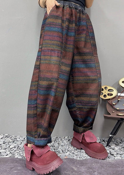 Stylish Multi Striped Elastic Waist Denim Pants Fall
