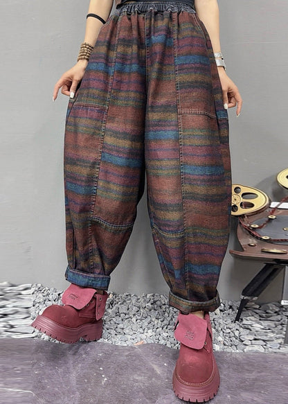 Stylish Multi Striped Elastic Waist Denim Pants Fall