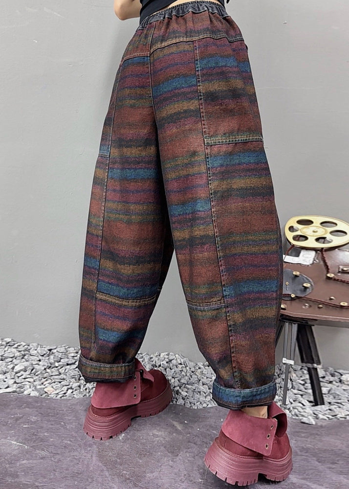 Stylish Multi Striped Elastic Waist Denim Pants Fall