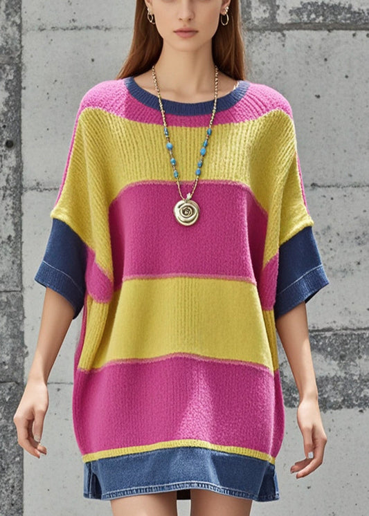 Stylish Multicolor Oversized Patchwork Denim Sweater Dress Short Sleeve
