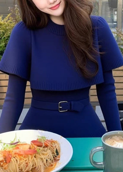 Stylish Navy O-Neck Tie Waist Knit Cape Sweater Winter