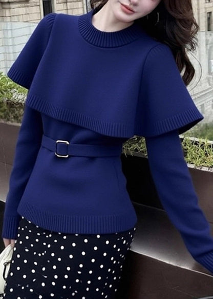 Stylish Navy O-Neck Tie Waist Knit Cape Sweater Winter