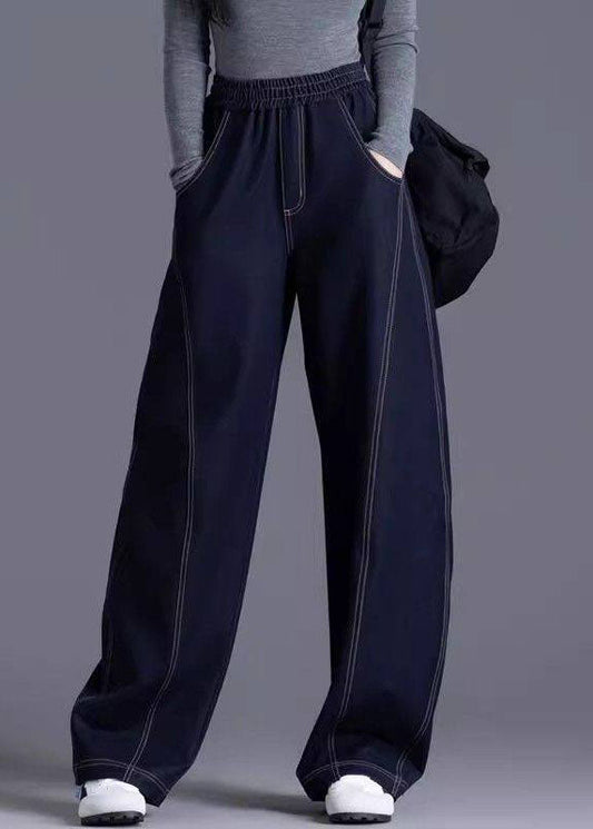 Stylish Navy Pockets Patchwork Elastic Waist Denim Pants Spring