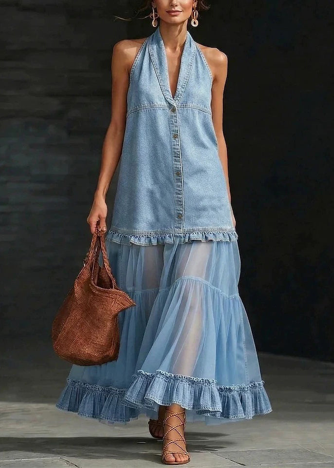 Stylish Navy Ruffled Patchwork Denim Long Dresses Sleeveless