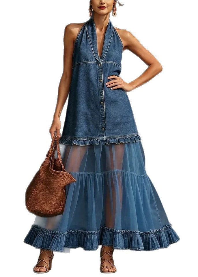 Stylish Navy Ruffled Patchwork Denim Long Dresses Sleeveless