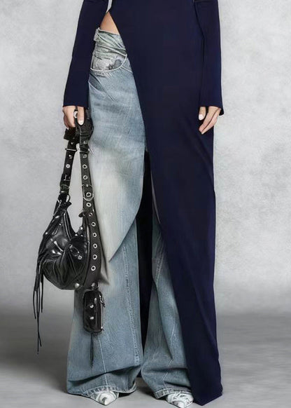 Stylish Navy Side Open Silm Fit Cotton Long Dress Spring