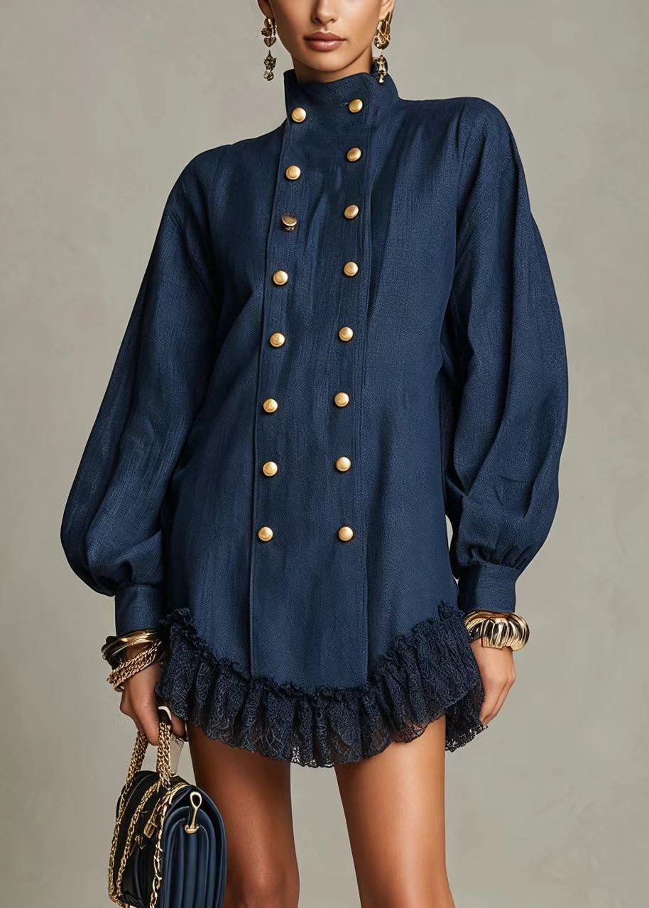 Stylish Navy Stand Collar Double Breast Lace Hem Mini Dress Lantern Sleeve