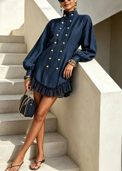 Stylish Navy Stand Collar Double Breast Lace Hem Mini Dress Lantern Sleeve