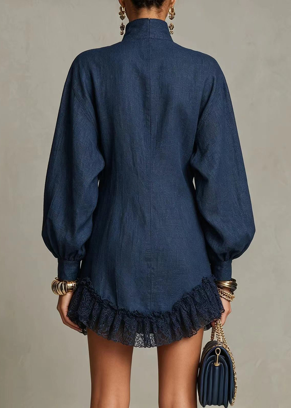 Stylish Navy Stand Collar Double Breast Lace Hem Mini Dress Lantern Sleeve