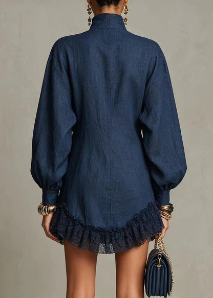 Stylish Navy Stand Collar Double Breast Lace Hem Mini Dress Lantern Sleeve