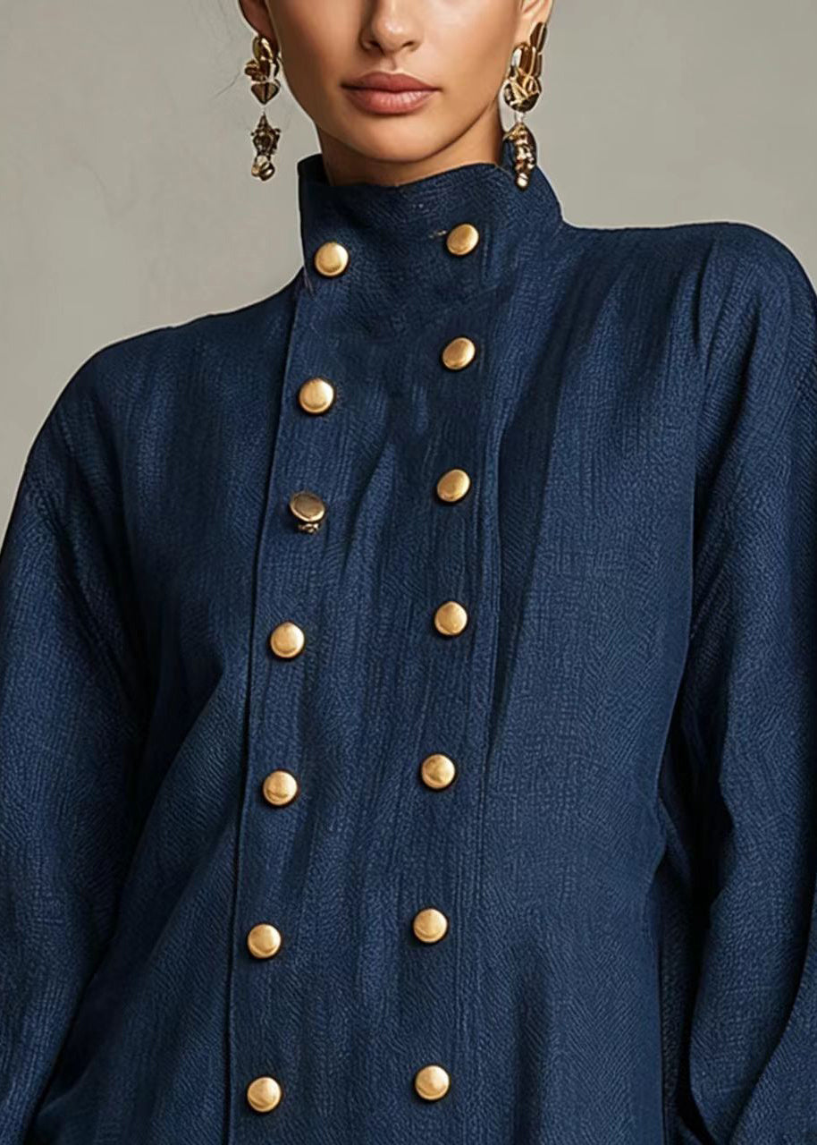 Stylish Navy Stand Collar Double Breast Lace Hem Mini Dress Lantern Sleeve