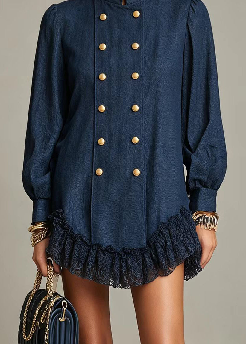 Stylish Navy Stand Collar Double Breast Lace Hem Mini Dress Lantern Sleeve