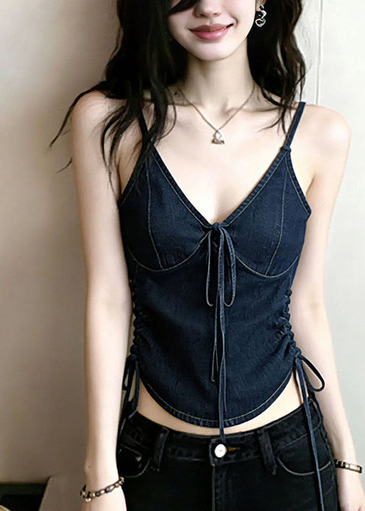 Stylish Navy V Neck Drawstring Denim Top Summer