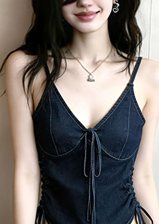 Stylish Navy V Neck Drawstring Denim Top Summer