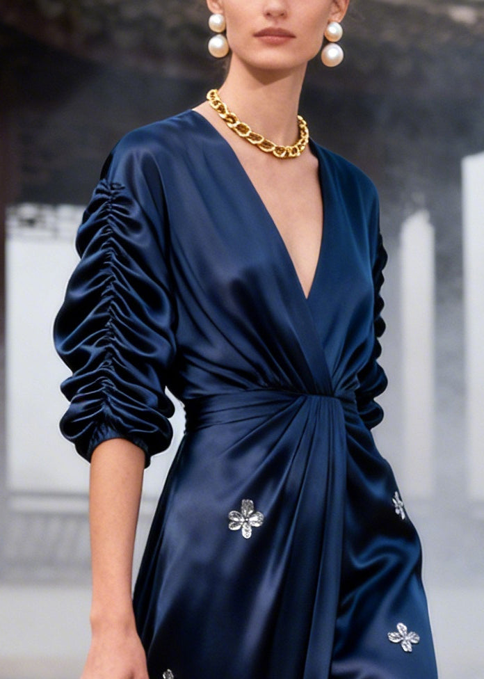 Stylish Navy Wrinkled Flower Print Silk Party Dresses Summer