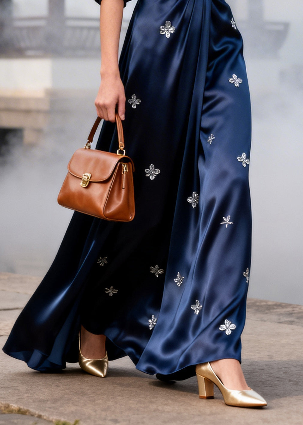 Stylish Navy Wrinkled Flower Print Silk Party Dresses Summer