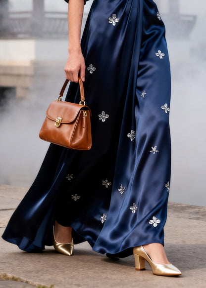 Stylish Navy Wrinkled Flower Print Silk Party Dresses Summer