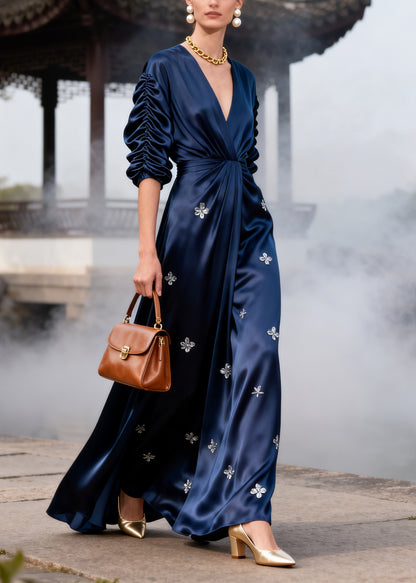 Stylish Navy Wrinkled Flower Print Silk Party Dresses Summer