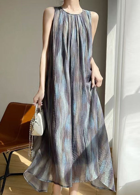 Stylish O Neck Print Tie Waist Cotton Long Dress Sleeveless