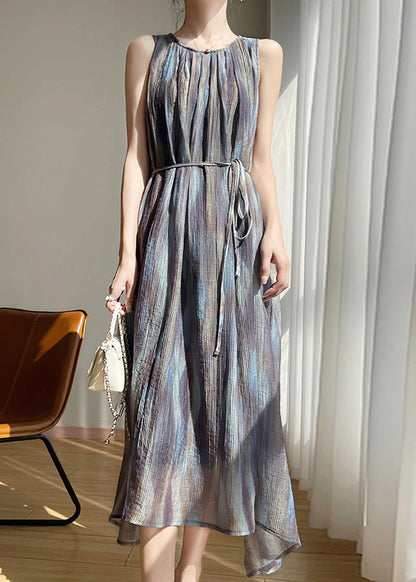 Stylish O Neck Print Tie Waist Cotton Long Dress Sleeveless