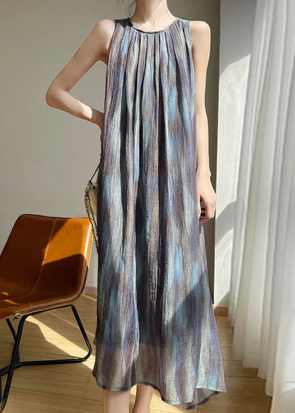 Stylish O Neck Print Tie Waist Cotton Long Dress Sleeveless