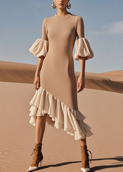 Stylish O Neck Ruffled Patchwork Knit Sweater Dress Spring