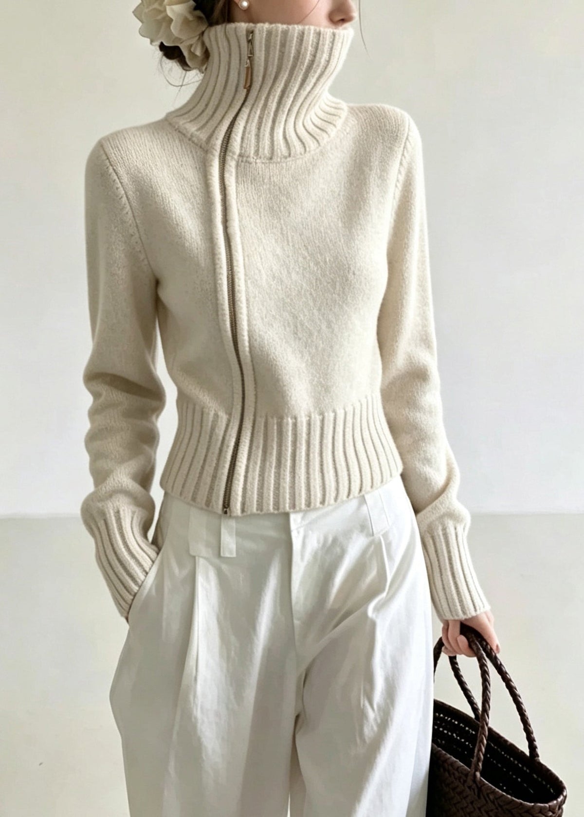 Stylish Oatmeal Hign Neck Zippered Knit Cardigan Fall